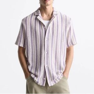 Zara Men's Designer STRIPED TEXTURED LOOP KNIT SHIRT White & Purple Size Medium